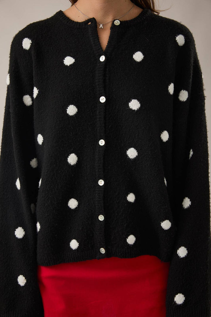 LONG SLEEVE CREW NECK POLKA DOT SWEATER CARDIGAN