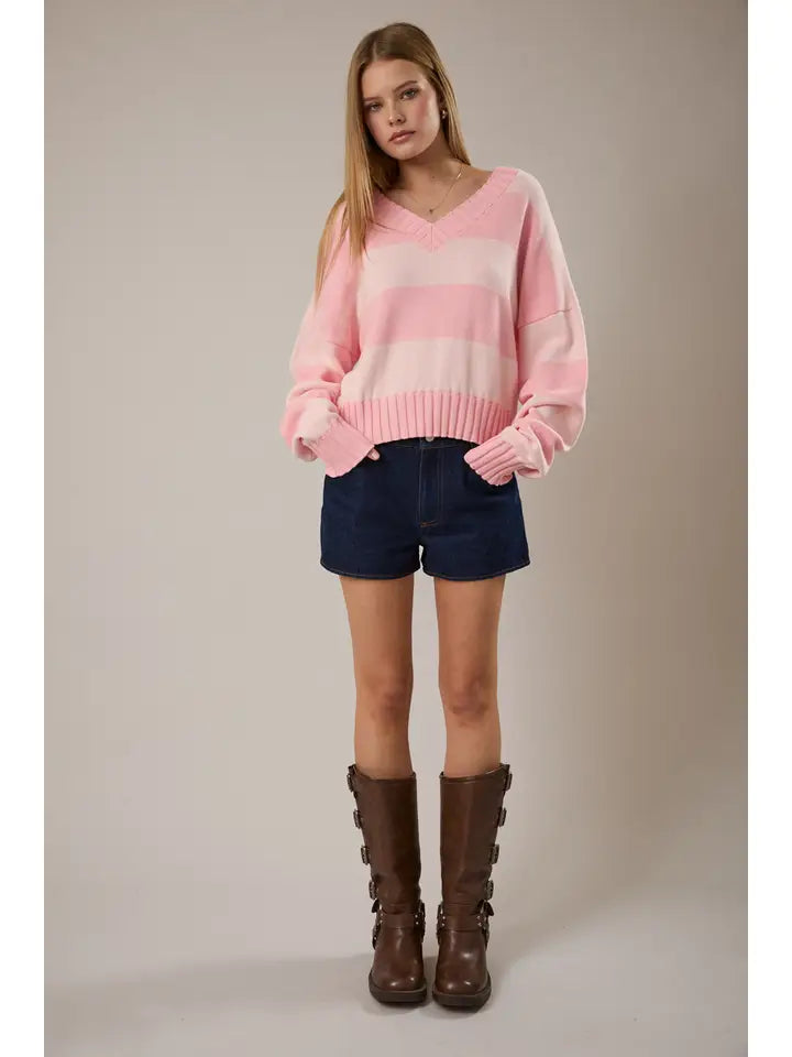 Long Sleeve V-Neck Stripe Crop Sweater