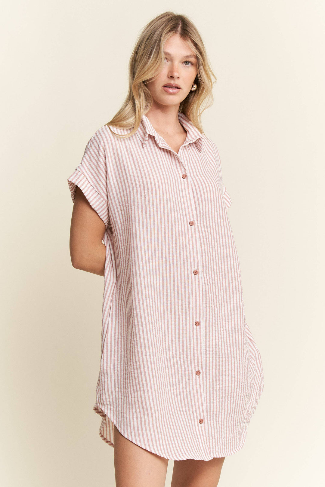 PLUS SIZE STRIPED PASTEL BUTTON DOWN MINI DRESS