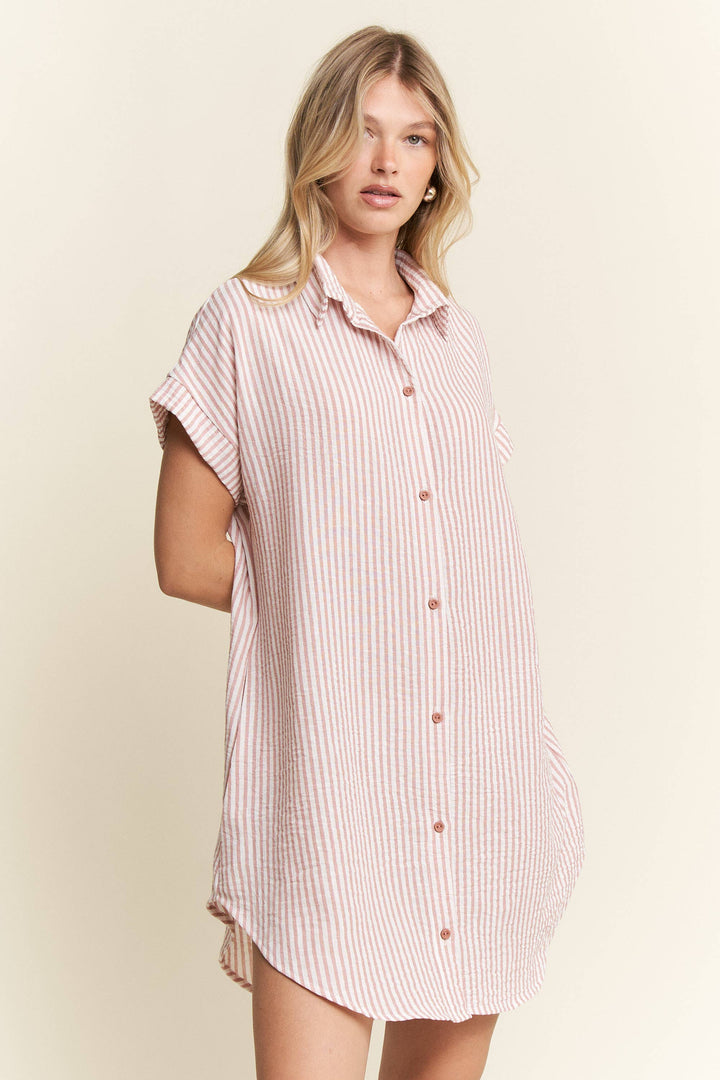 PLUS SIZE STRIPED PASTEL BUTTON DOWN MINI DRESS