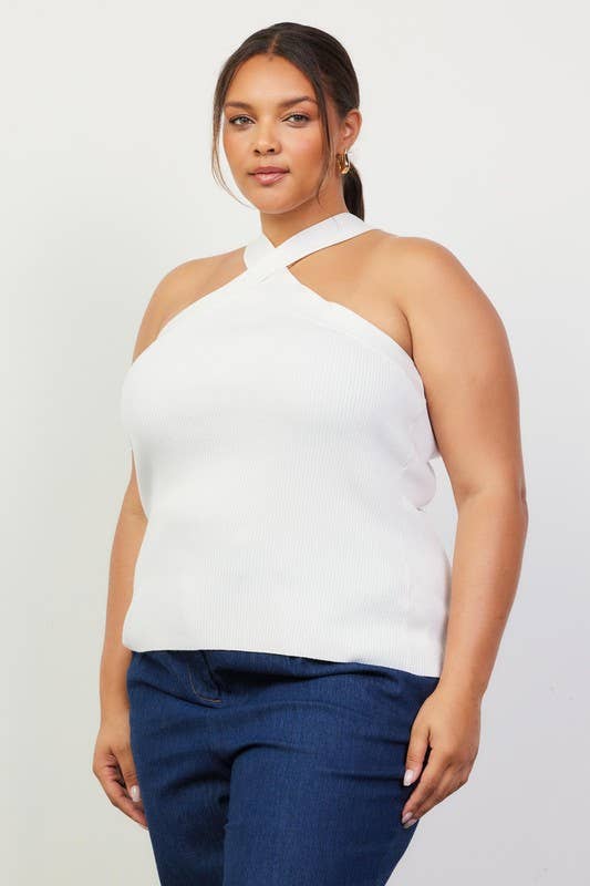 Plus Size Crossed Neck Sleeveless Sweater Top