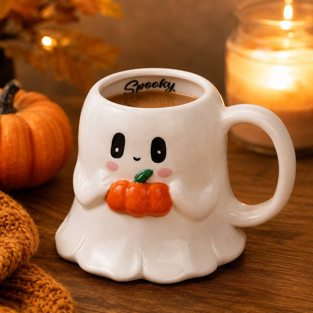18oz Figural Ghost Holding A Pumpkin W-Spook Inside Hit Mug