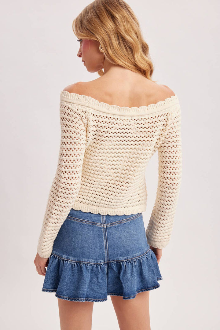 OPEN KNIT SCALLOPED TRIM OFF THE SHOULDER SWEATER TOP