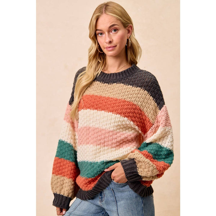 STRIPES COLOR BLOCK CHUNKY SWEATER PULLOVER