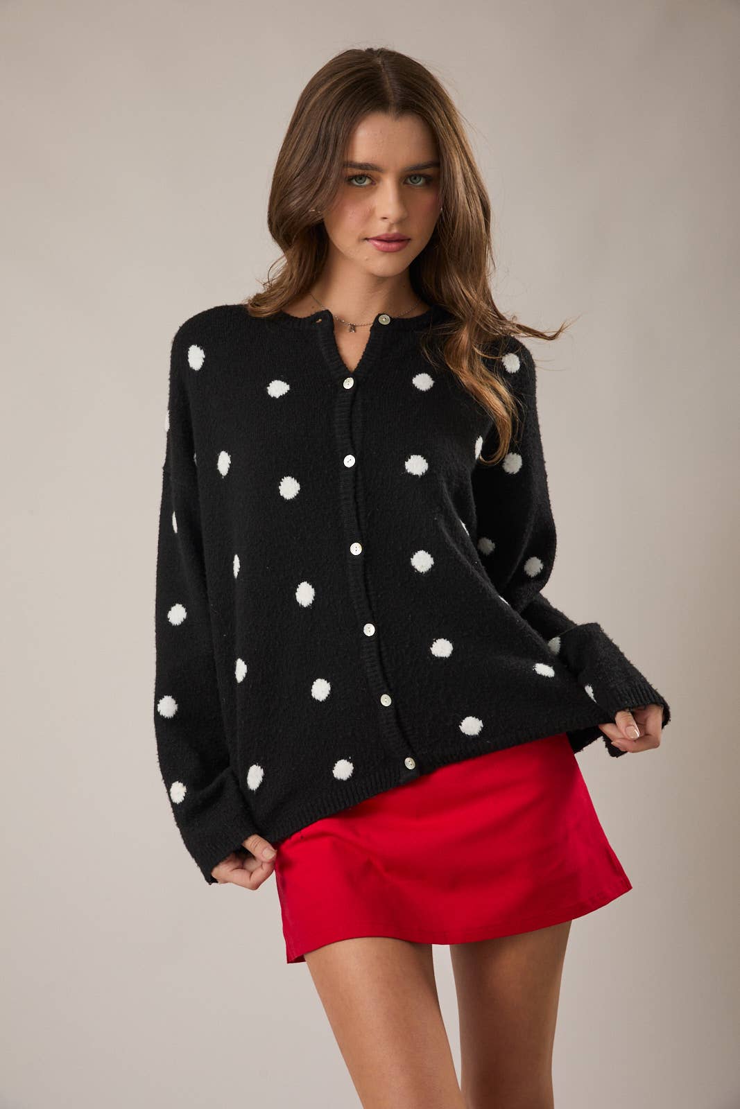 LONG SLEEVE CREW NECK POLKA DOT SWEATER CARDIGAN