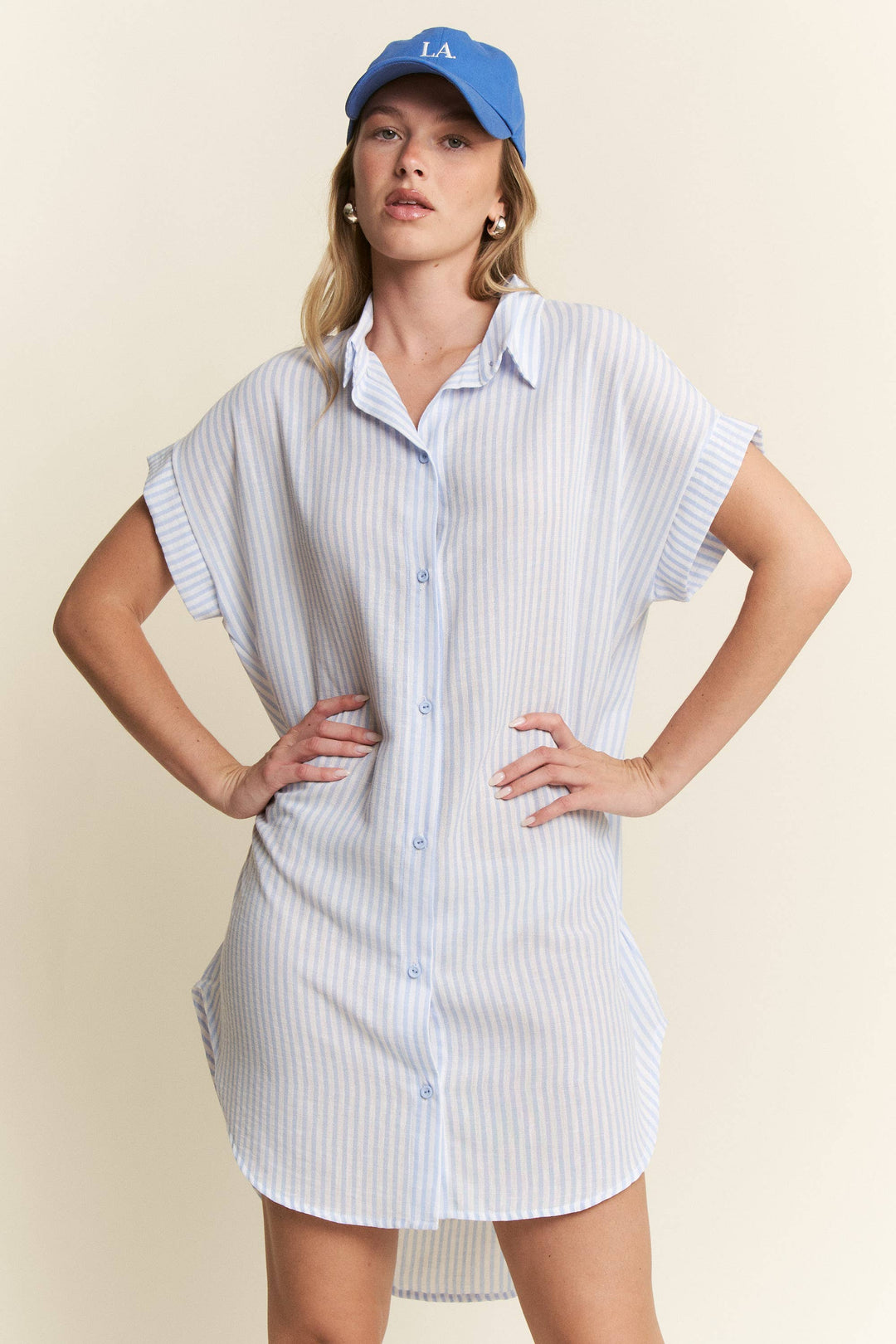 PLUS SIZE STRIPED PASTEL BUTTON DOWN MINI DRESS