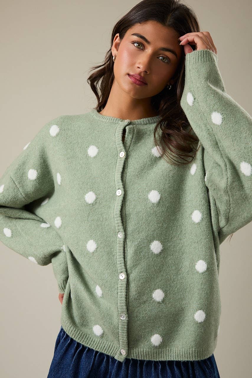 LONG SLEEVE CREW NECK POLKA DOT SWEATER CARDIGAN