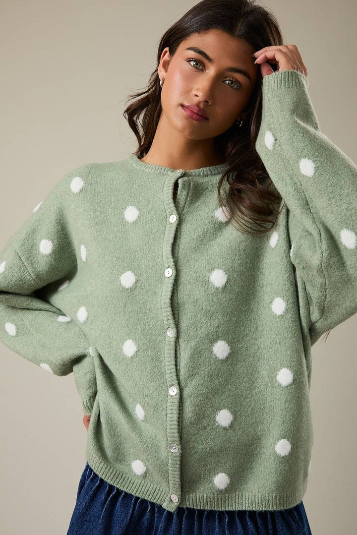 LONG SLEEVE CREW NECK POLKA DOT SWEATER CARDIGAN