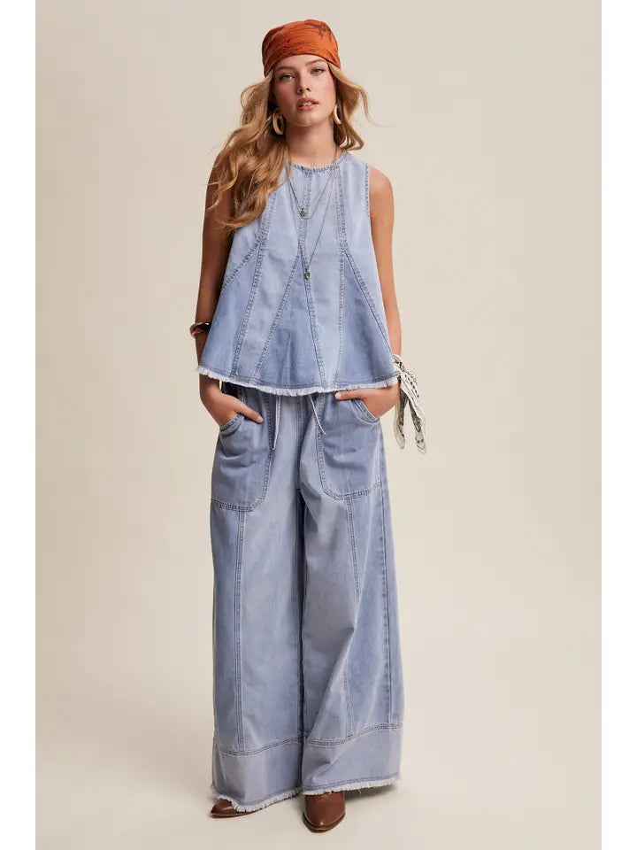 Washed Denim Tank & Wide-Leg Pants Set | Boho Western Denim Two-Piece