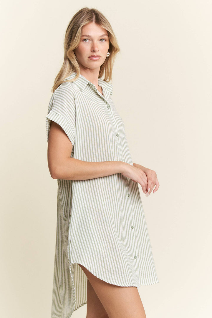 PLUS SIZE STRIPED PASTEL BUTTON DOWN MINI DRESS