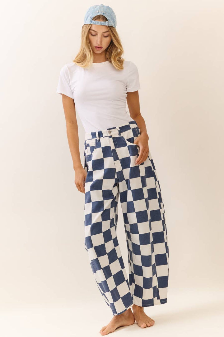 Checkered Printed Barrel Denim Pants