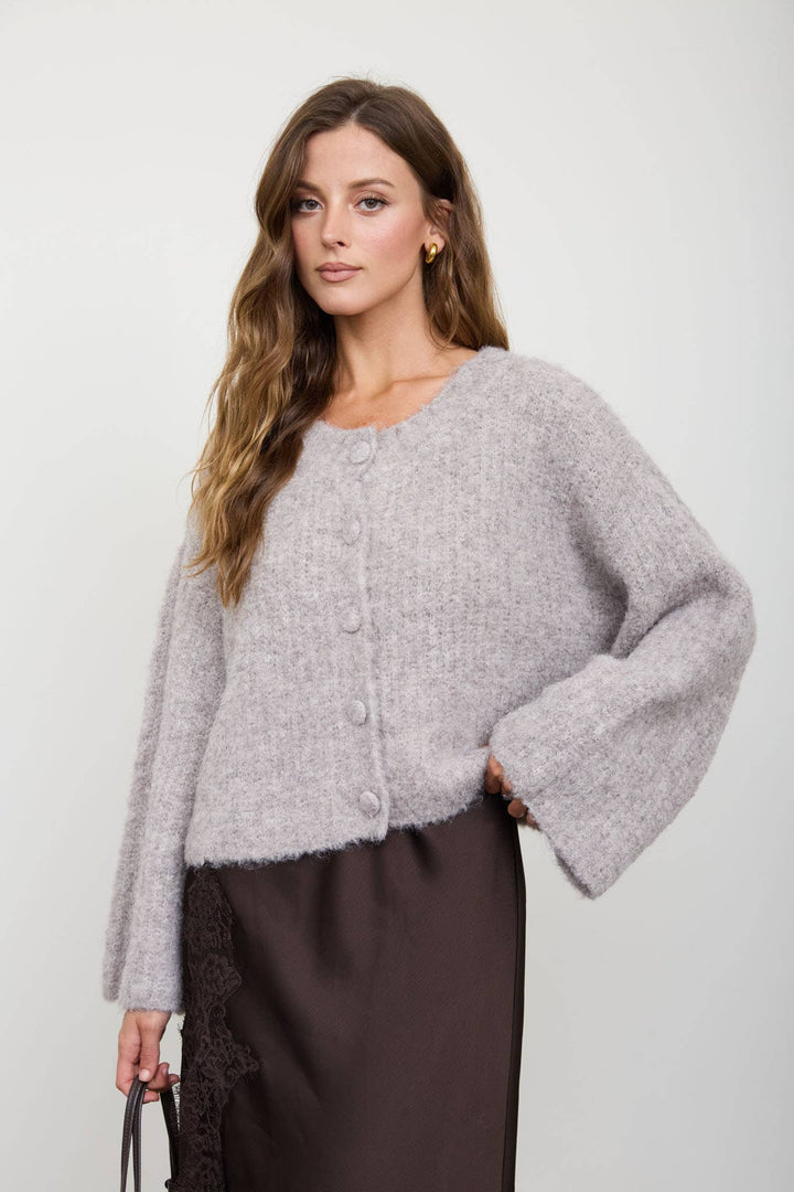 FUZZY KNIT BUTTON DOWN BOXY CARDIGAN SWEATER
