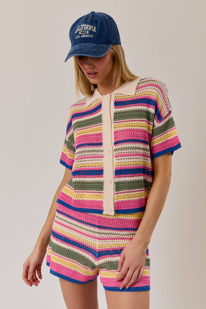 COLLARED NECK STRIPE CROCHET BUTTON DOWN TOP