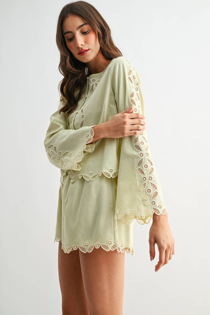 CS10207 Button-Front Lace Top and Short Set