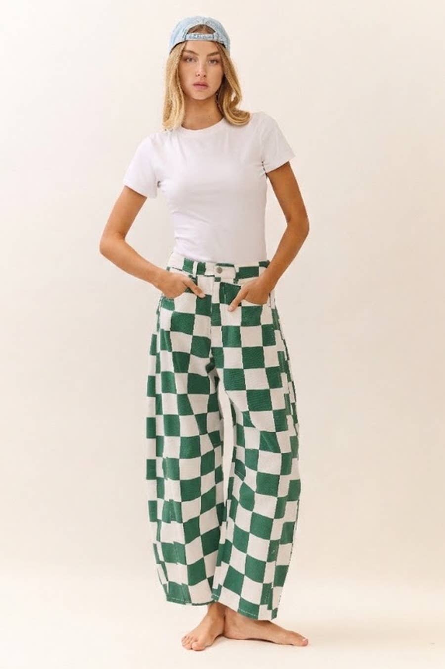 Checkered Printed Barrel Denim Pants