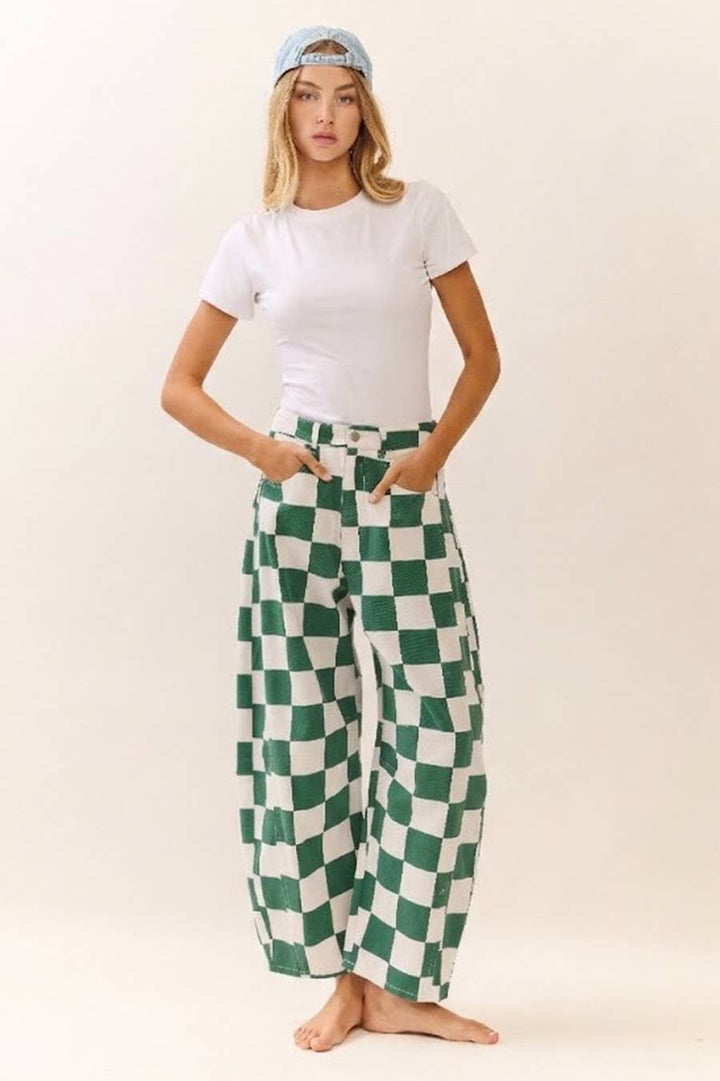Checkered Printed Barrel Denim Pants