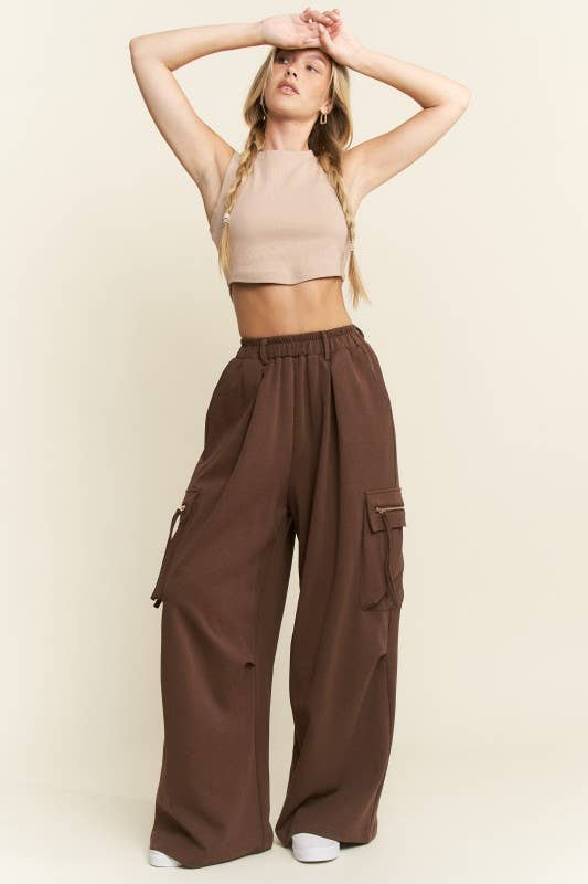 PLUS SIZE SOLID WIDE LEG CARGO PANTS