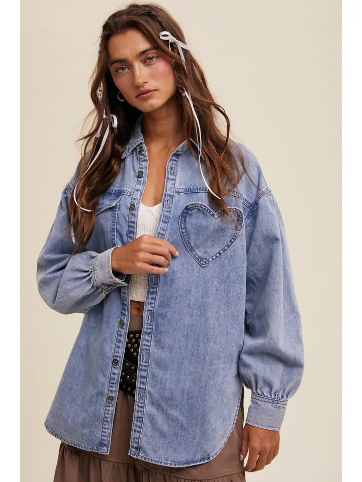 Heart Detail Oversized Denim Shirt