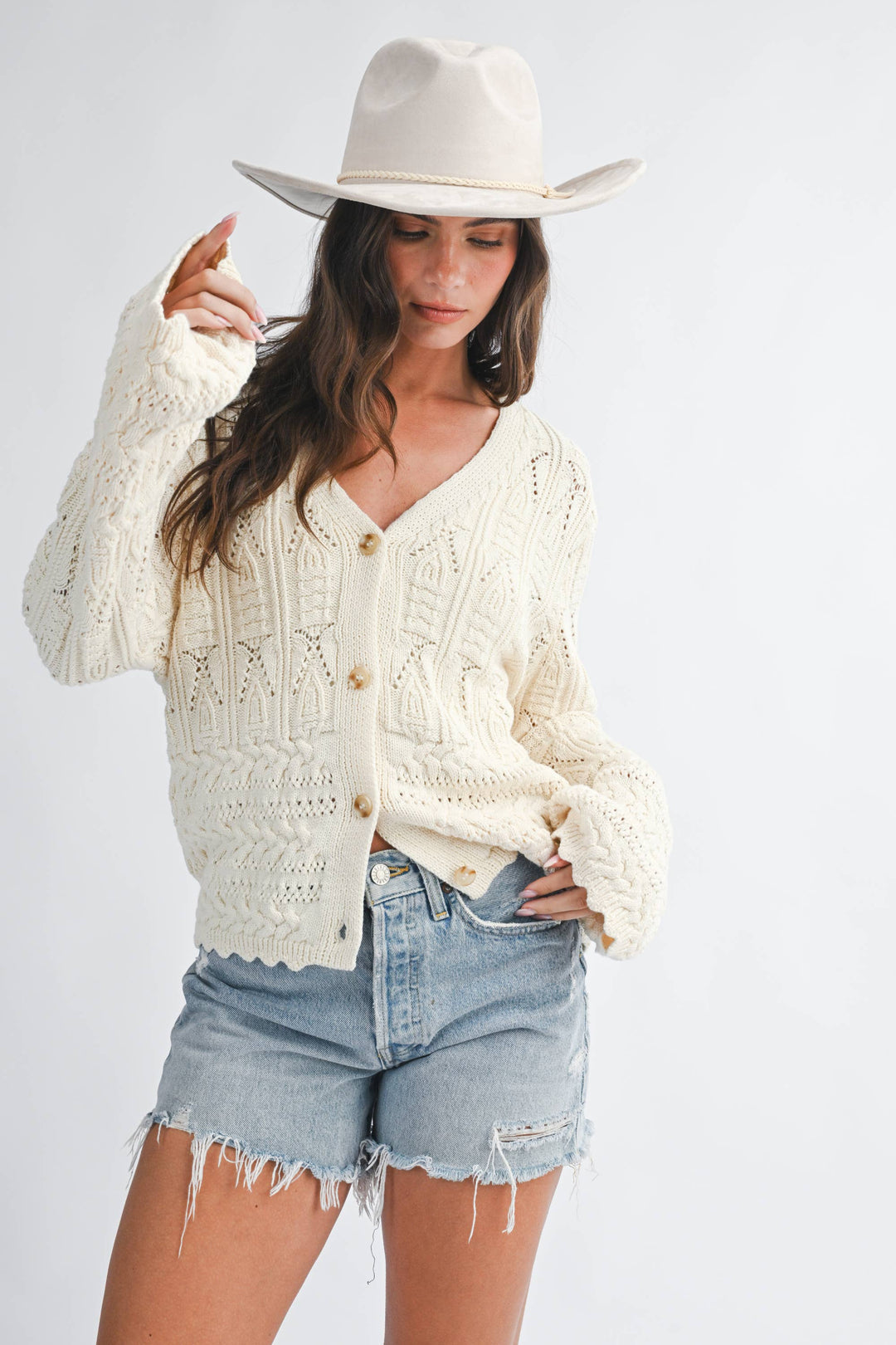5201HK Textured Pointelle Button Front Cardigan Top