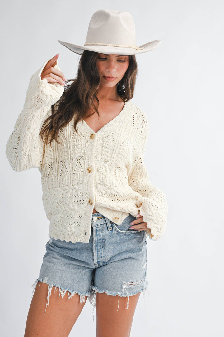 5201HK Textured Pointelle Button Front Cardigan Top