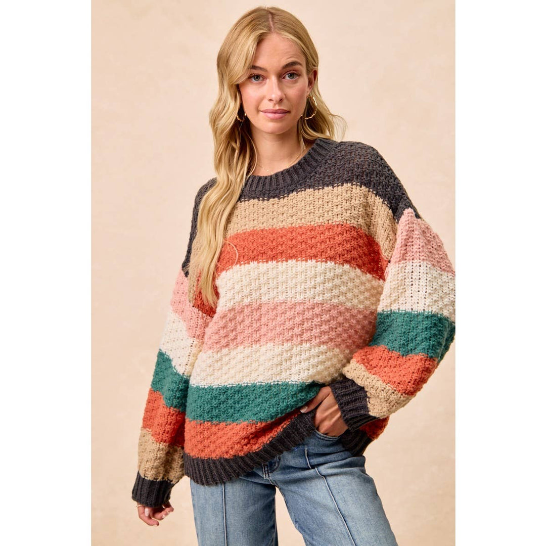 STRIPES COLOR BLOCK CHUNKY SWEATER PULLOVER