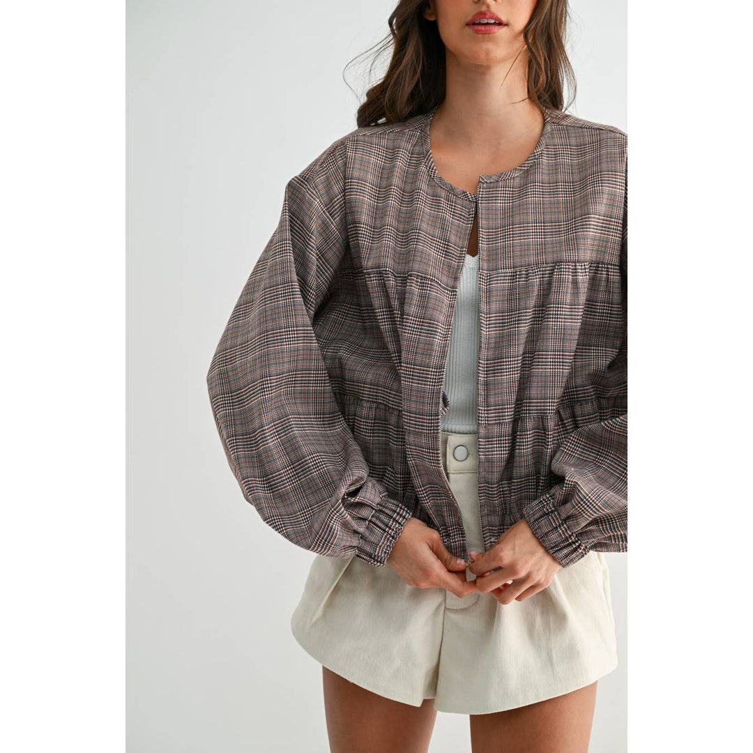 PLAID BALLON SLEEVE ZIP-UP JACKET