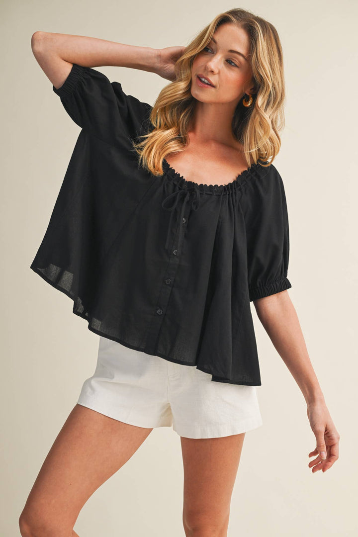 EYELET TRIM NECK PUFF SLEEVE TOP
