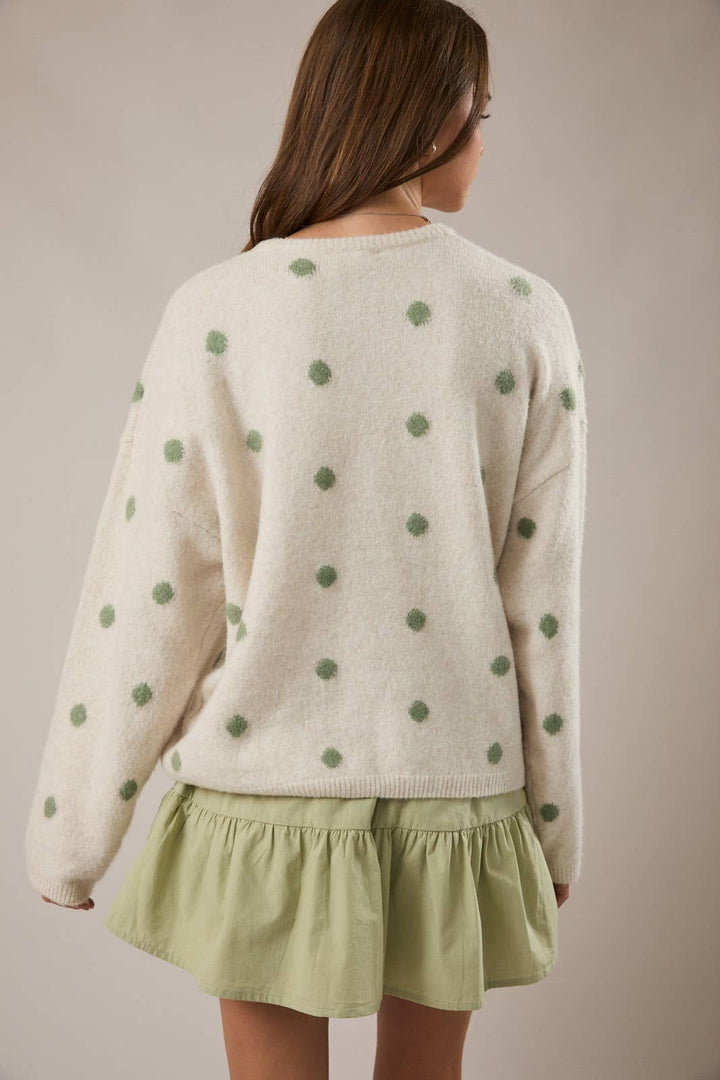 LONG SLEEVE CREW NECK POLKA DOT SWEATER CARDIGAN