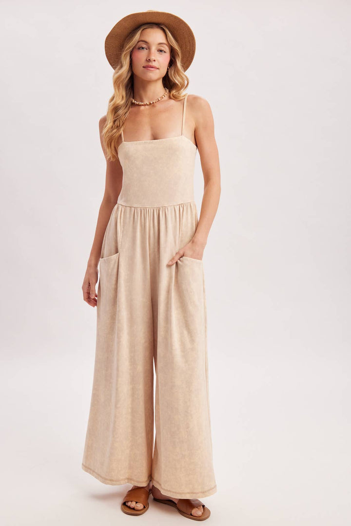 WASHED SLEEVELESS WIDE LEG JUMPSUIT