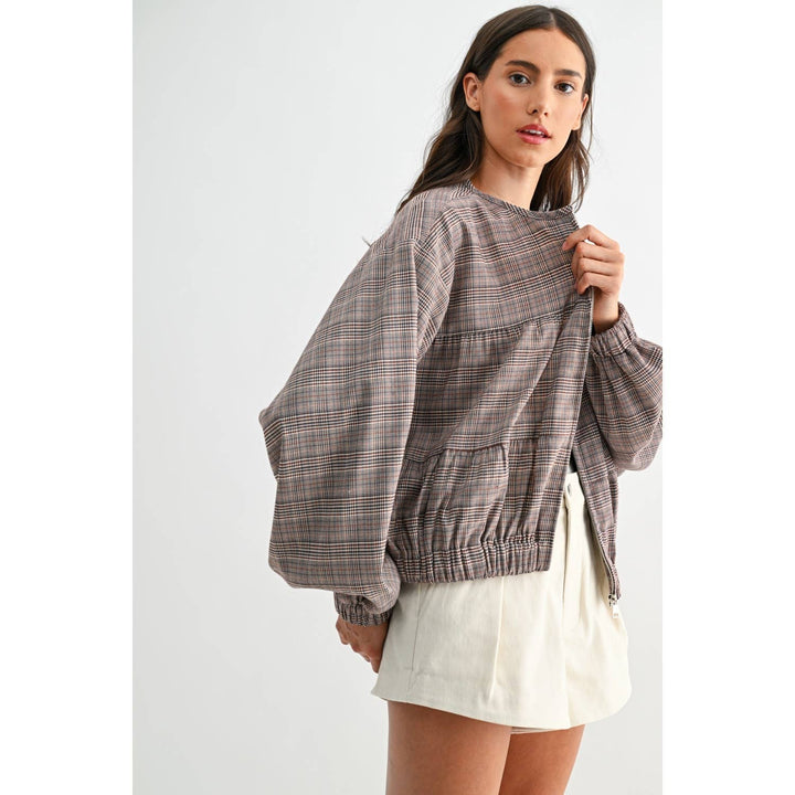 PLAID BALLON SLEEVE ZIP-UP JACKET