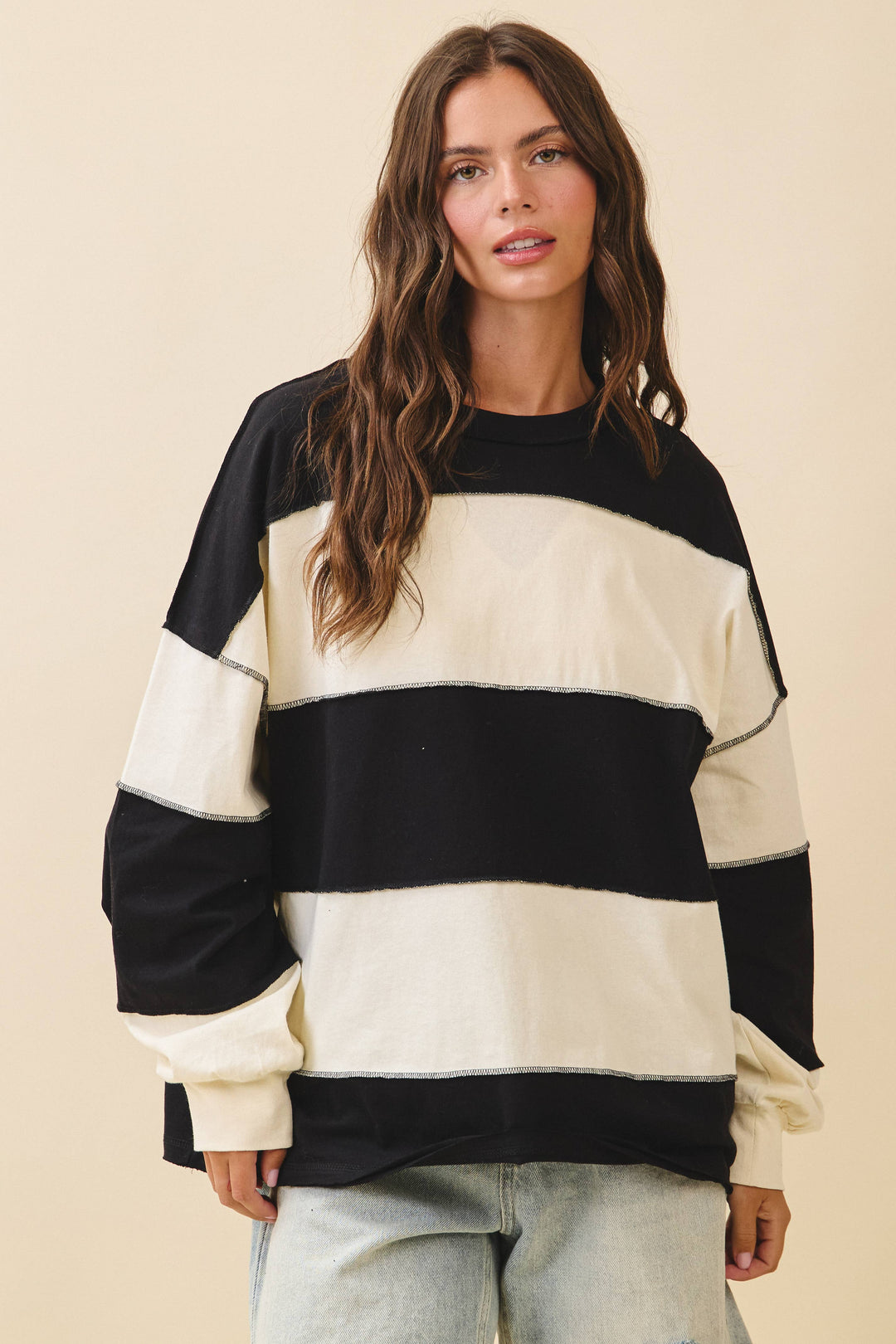 8551GN Contrast Panel Long Sleeve Slouchy Top
