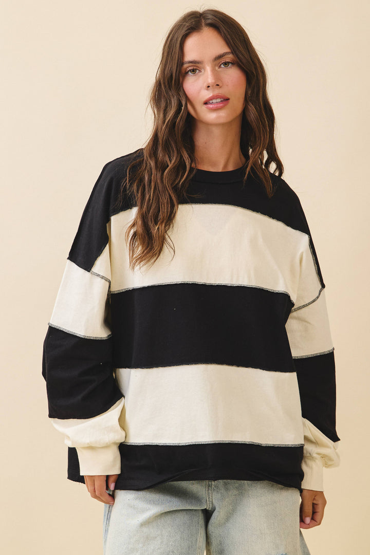 8551GN Contrast Panel Long Sleeve Slouchy Top
