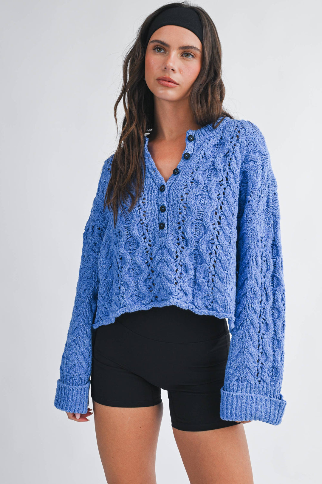 3463HK Textured Cropped Henley Knit Sweater