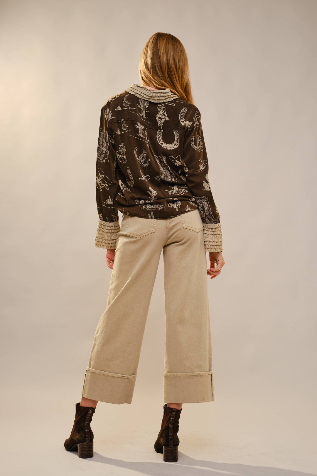 Western Printed Ruffle Cuff Shirt