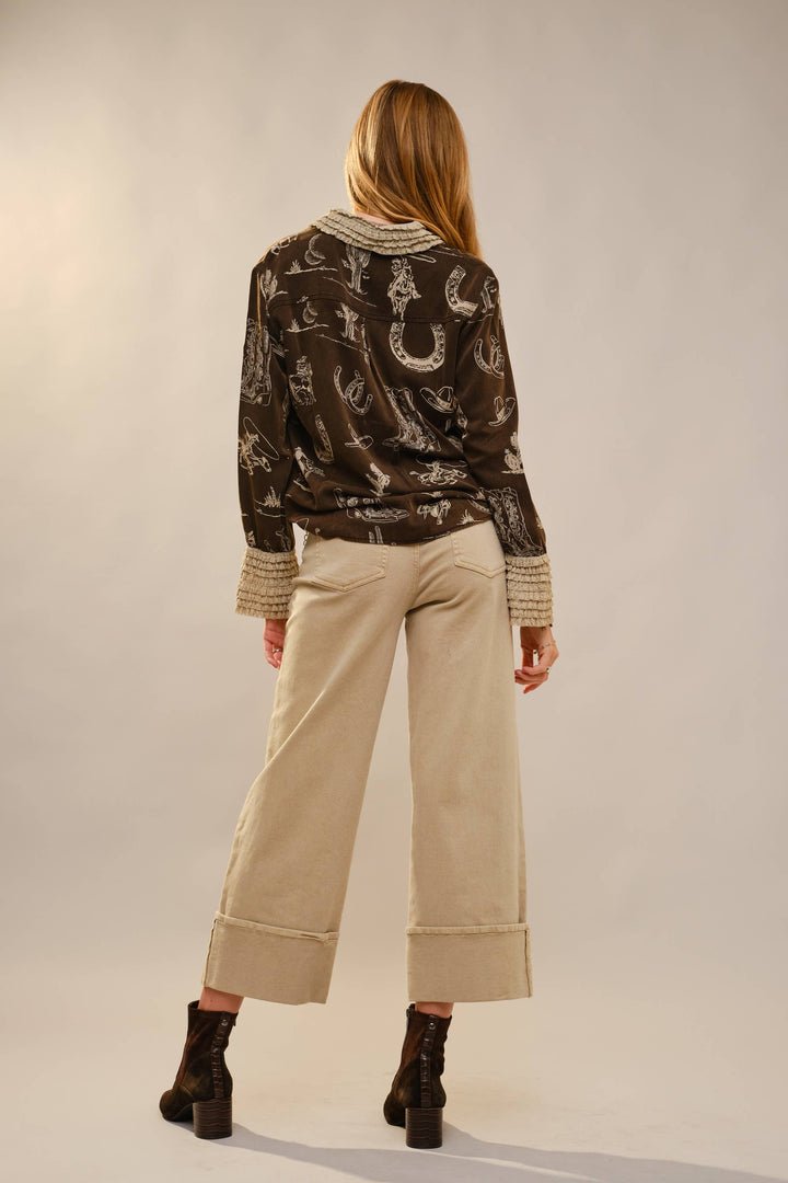 Western Printed Ruffle Cuff Shirt