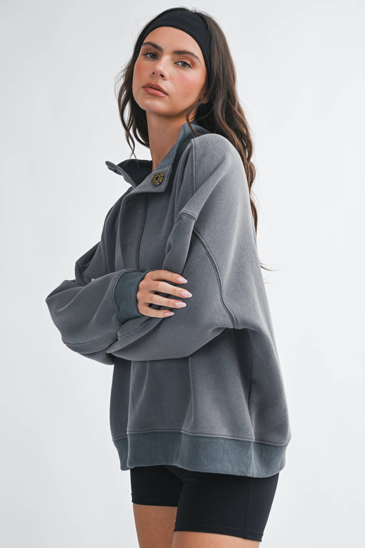 Oversized Snap Neck Pullover Sweatshirt