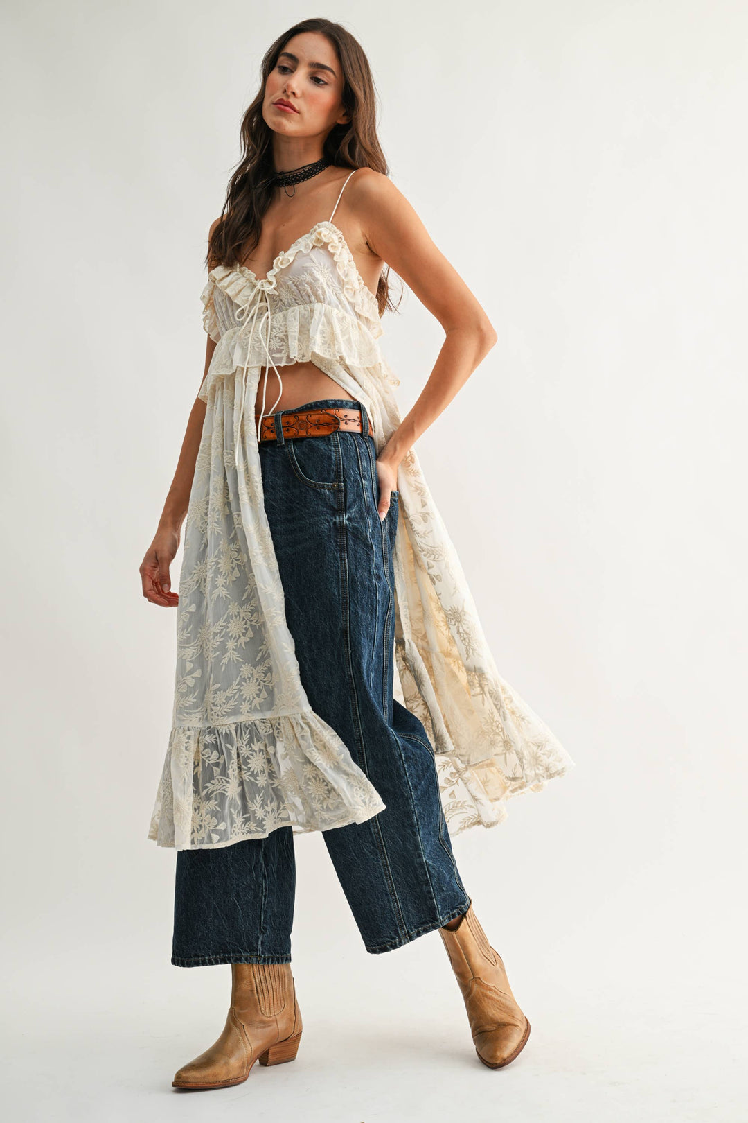 CJT27085 Sheer Floral Lace Ruffle Cover Up Top