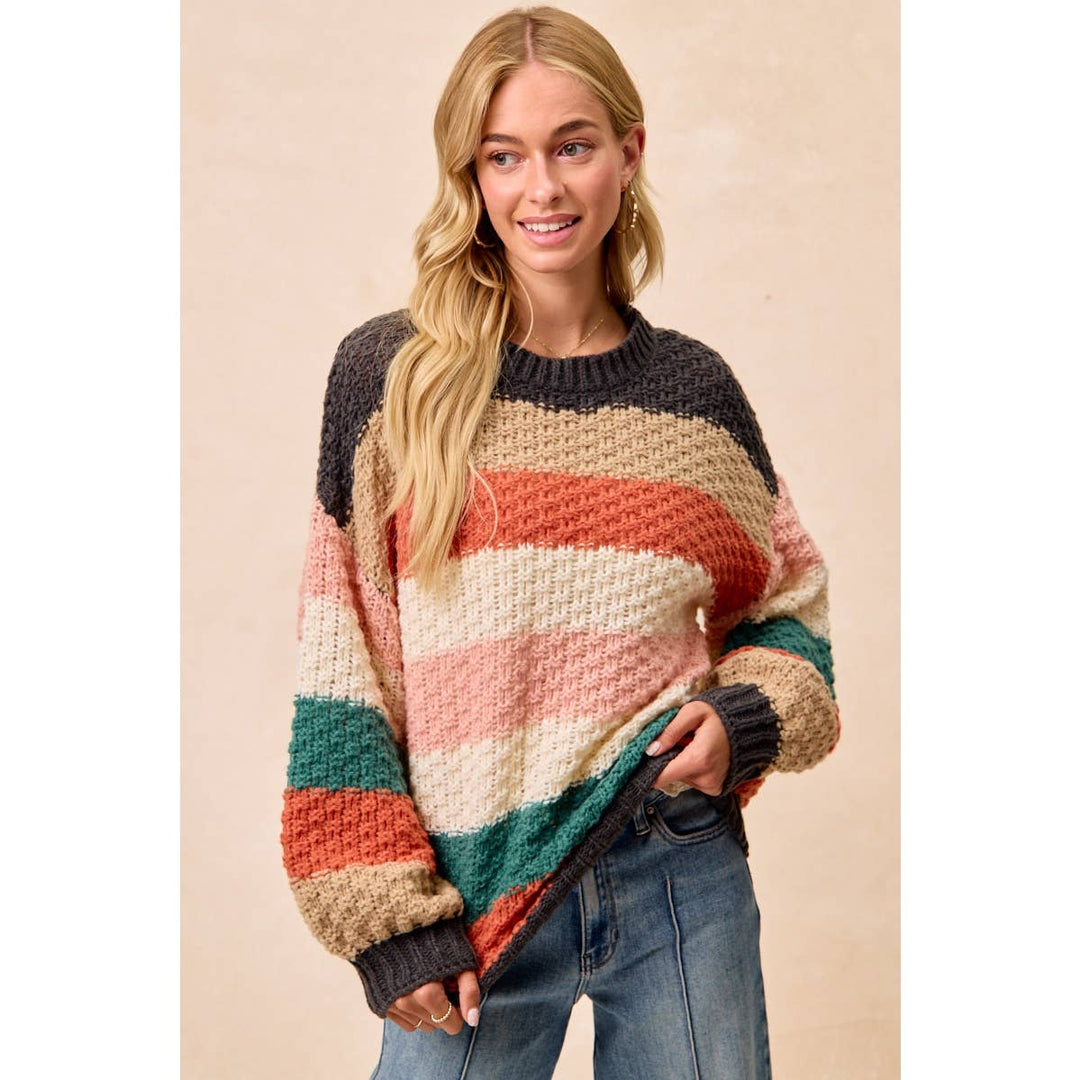 STRIPES COLOR BLOCK CHUNKY SWEATER PULLOVER