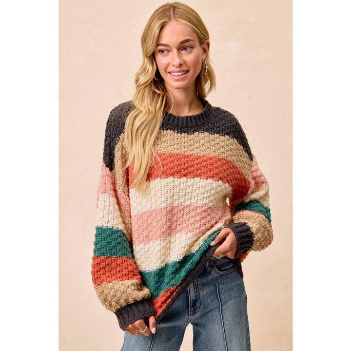 STRIPES COLOR BLOCK CHUNKY SWEATER PULLOVER