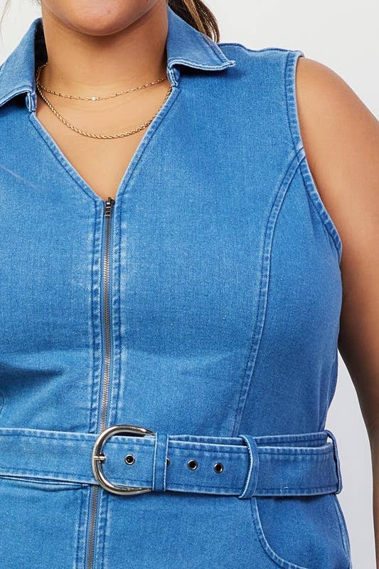 Plus Size Washed Denim Zipper Dress