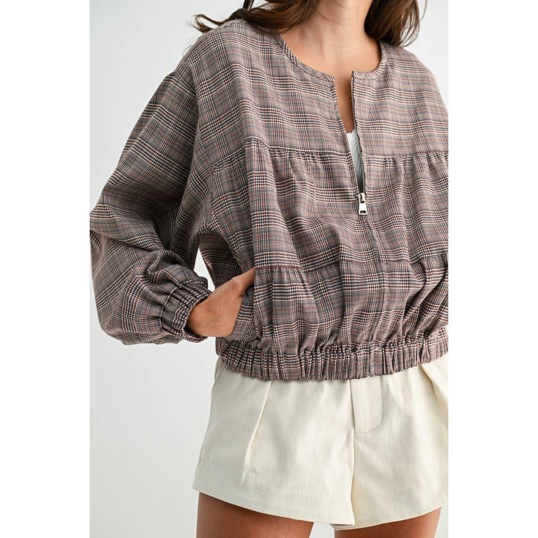 PLAID BALLON SLEEVE ZIP-UP JACKET