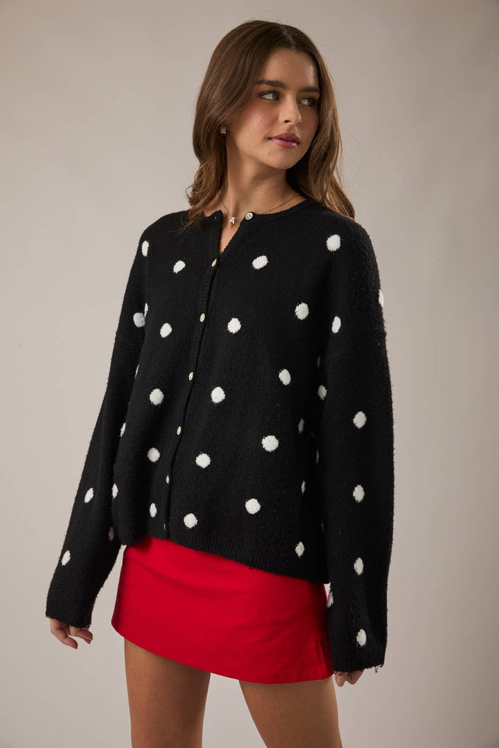 LONG SLEEVE CREW NECK POLKA DOT SWEATER CARDIGAN