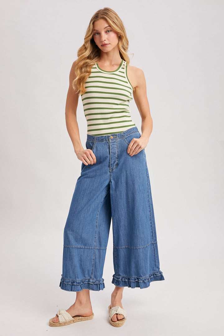 Stripe Ribbed Bound Crew Neck Tank Top