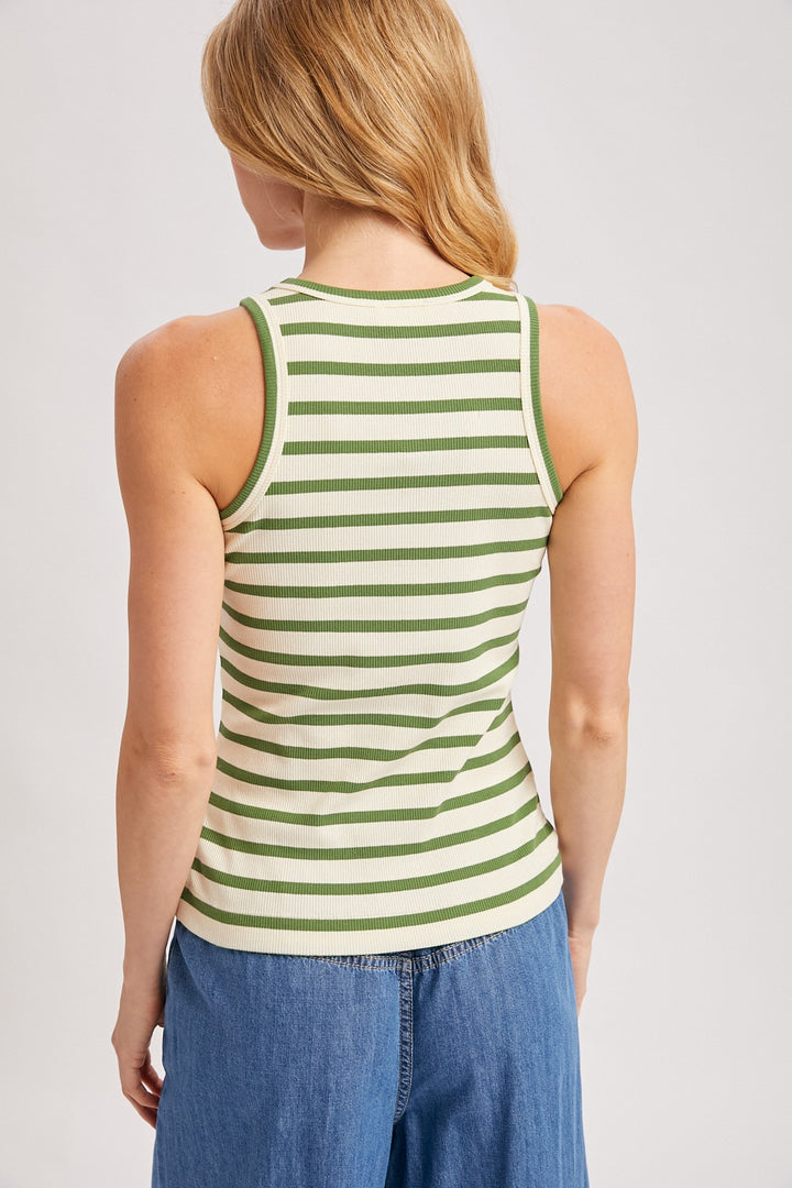 Stripe Ribbed Bound Crew Neck Tank Top