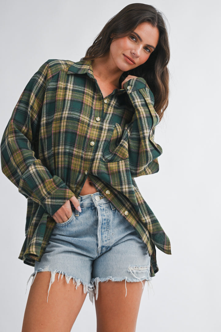 Oversized Plaid Flannel Button Down Shirt