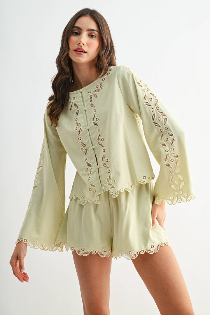 CS10207 Button-Front Lace Top and Short Set
