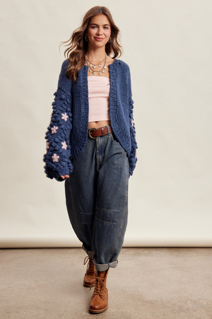 Hand Knit Floral Bobble Sleeve Cardigan