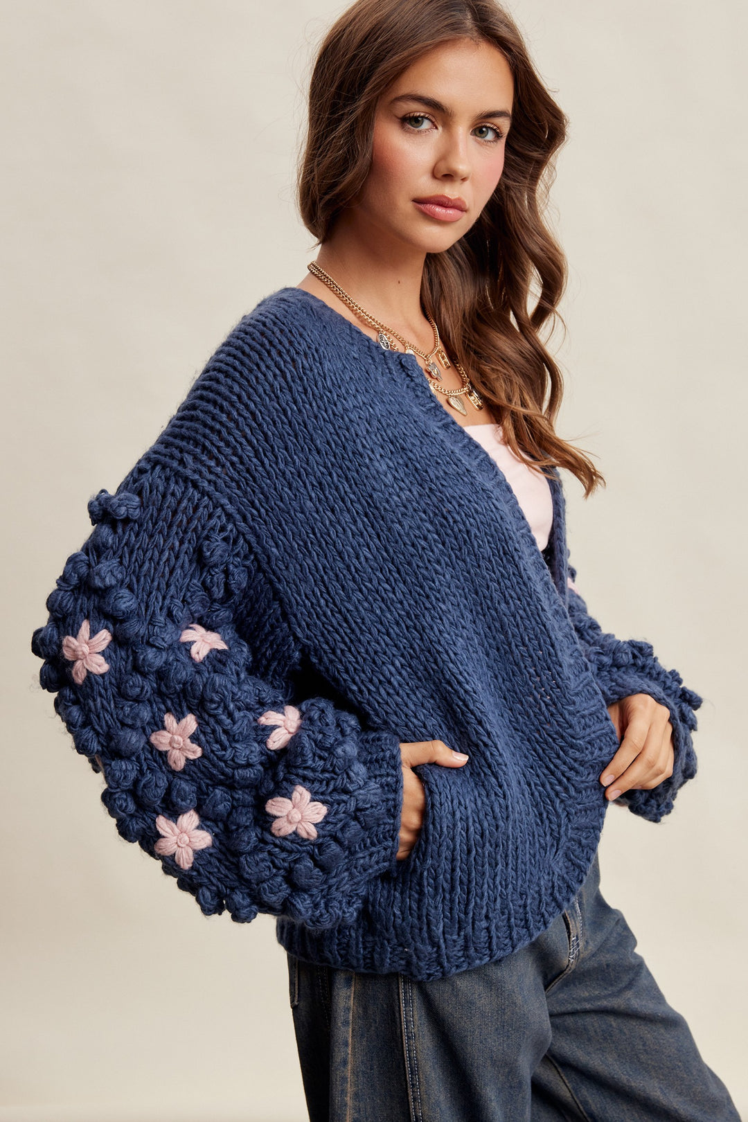 Hand Knit Floral Bobble Sleeve Cardigan