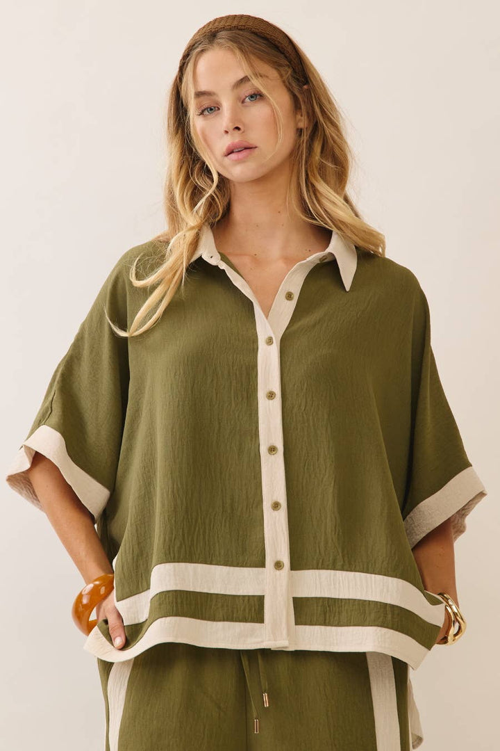 Contrast Trim Shirt With Matching Pants Set