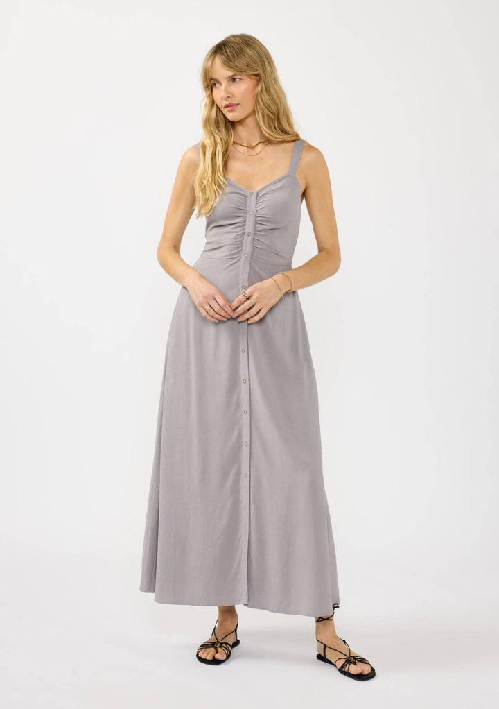 V-Neck Ruched Button Down Maxi Dress